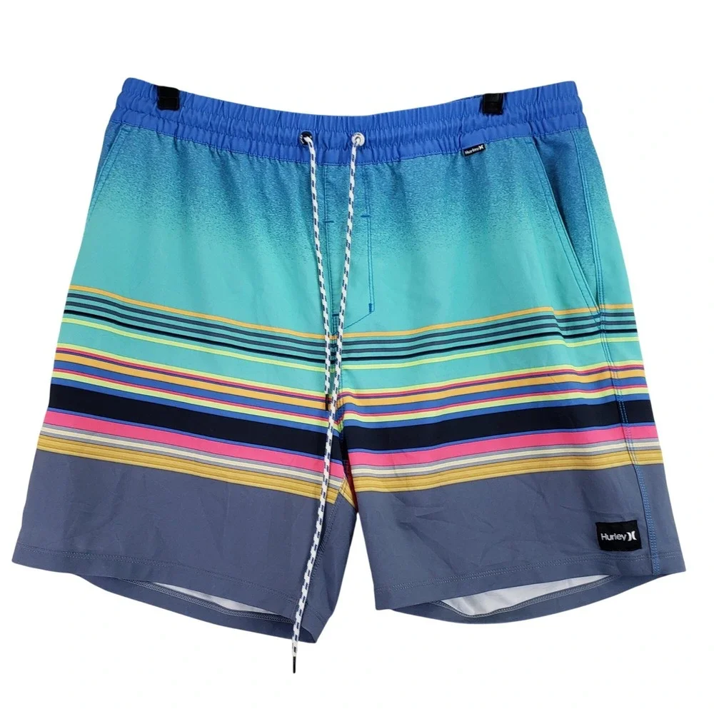 Hurley Striped Board Shorts Mens Large Blue Multi Surf Summer Beachwear